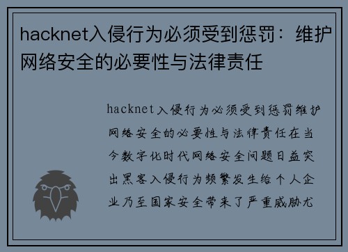 hacknet入侵行为必须受到惩罚：维护网络安全的必要性与法律责任